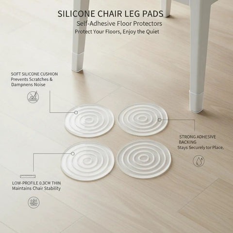 Clear Silicone Chair Leg Protectors with Self Adhesive Pads on hardwood floor, demonstrating easy tool-free install.