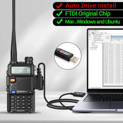 FTDI USB Programming Cable For Ham Radio With Original FTDI Chip Nylon Braided USB Lead Plug And Play With UV 5R connected to laptop