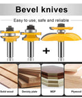 Three Piece Router Bit Set With Half Inch Shank For Round Over Cove And Raised Panel Cabinet Door Bits Rail And Stile Milling Pro Grade Carbide Micro Grain Blades For Woodworking, showing three yellow bits on a white background.
