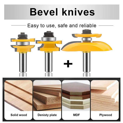 Three Piece Router Bit Set With Half Inch Shank For Round Over Cove And Raised Panel Cabinet Door Bits Rail And Stile Milling Pro Grade Carbide Micro Grain Blades For Woodworking, showing three yellow bits on a white background.