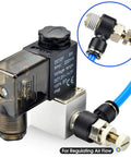 Three Pack Push To Connect Air Line Fittings With Ninety Degree Elbow And Air Flow Control Valve One Quarter Inch Tube Outer Diameter By Three Eighths Inch NPT Thread Pneumatic Quick Fit For DIY Shop Use Handy Air Tool Setup close-up showing regulating air flow with a blue tube connection