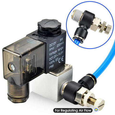 Three Pack Push To Connect Air Line Fittings With Ninety Degree Elbow And Air Flow Control Valve One Quarter Inch Tube Outer Diameter By Three Eighths Inch NPT Thread Pneumatic Quick Fit For DIY Shop Use Handy Air Tool Setup close-up showing regulating air flow with a blue tube connection