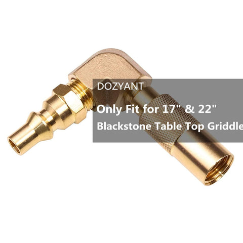 Close-up of elbow fitting from Twelve Foot RV Propane Quick Connect Hose With Elbow Fitting For Blackstone 17 Inch And 22 Inch Tabletop Griddle