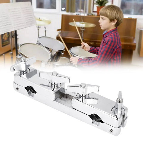 Heavy Duty Drum Set Clamp Holder For Cowbell Bracket With 12cm Rod, silver iron mount with drummer in background