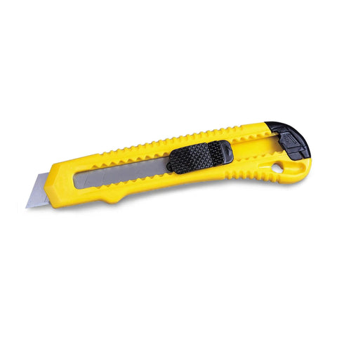 Basic Snap Off Blade Knife, 18 Millimeter Utility Cutter For Light Duty Cutting, yellow handle with retractable blade visible