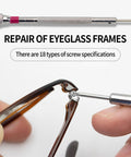 Micro Screw Repair Kit With Precision Screwdriver used for eyeglass frame repair, 18 types of screw specifications shown