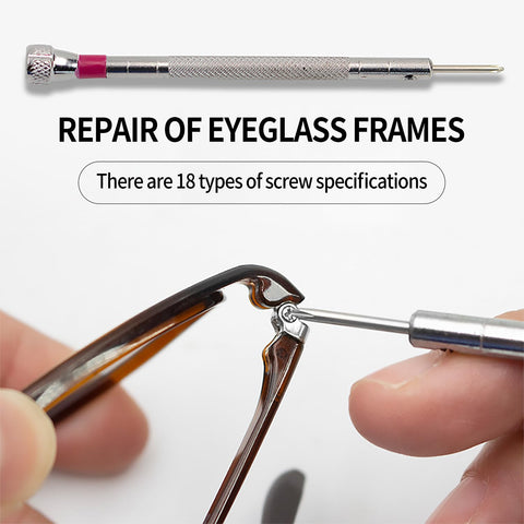 Micro Screw Repair Kit With Precision Screwdriver used for eyeglass frame repair, 18 types of screw specifications shown