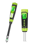 4 In 1 Soil PH Moisture EC Tester With Temperature for indoor outdoor garden, digital screen display, dual probes shown.