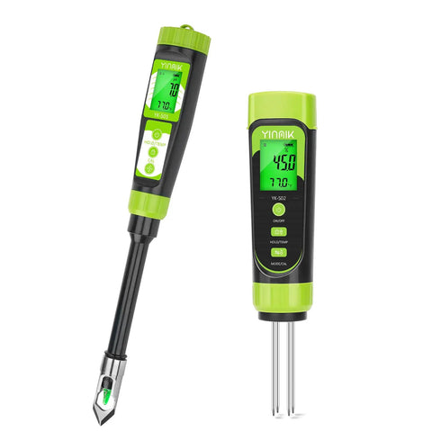 4 In 1 Soil PH Moisture EC Tester With Temperature for indoor outdoor garden, digital screen display, dual probes shown.