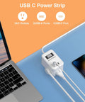 Flat Plug Power Strip With Six Foot Cord, Three Outlets And Three USB Ports Plus USB C, on desk with laptop and phone