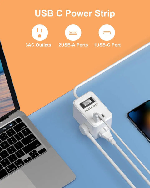 Flat Plug Power Strip With Six Foot Cord, Three Outlets And Three USB Ports Plus USB C, on desk with laptop and phone
