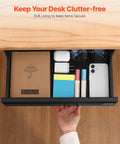 Total Game Changer Hella Smooth Slide Out Under Desk Drawer For Sit Stand Workstation Attachable Steel Storage Bin For Hidden Office Supplies Organizer Black with organized items.