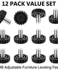 Game Change Your Wobbly Floors With These Heavy Duty Furniture Leveling Feet Adjustment Screws Rock Solid Stub Legs Black Metal Screw Mounts One Inch Base 12 Kit No Sweat Fix For Beds And Couches showing 12 adjustable M8 leveling feet.
