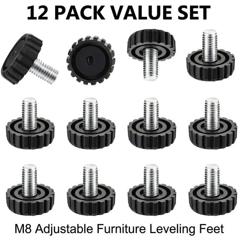 Game Change Your Wobbly Floors With These Heavy Duty Furniture Leveling Feet Adjustment Screws Rock Solid Stub Legs Black Metal Screw Mounts One Inch Base 12 Kit No Sweat Fix For Beds And Couches showing 12 adjustable M8 leveling feet.