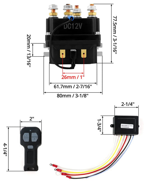 Wireless Winch Remote Control Kit for Trucks ATVs SUVs Jeeps with 12V solenoid relay, wireless receiver, and remotes
