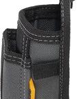 Side view of ClipTech Hammer Holster Clip On Belt Tool Holder With Nail Puller Sleeve And Rear Angle Design, black and grey fabric