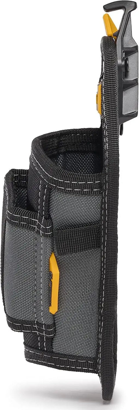 Side view of ClipTech Hammer Holster Clip On Belt Tool Holder With Nail Puller Sleeve And Rear Angle Design, black and grey fabric