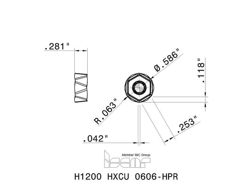 Technical drawing of Two Pack New H1200 HXCU 0606 HPR IC830 AlTiN And TiN Coated Carbide Inserts.