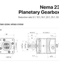 Nema 23 Planetary Gearbox specifications image showcasing detailed dimensions and reduction ratios for gearbox applications.