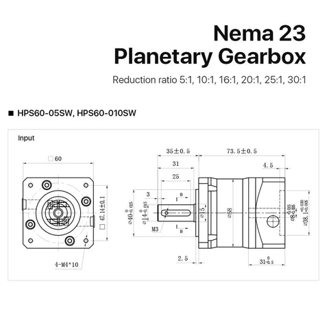Nema 23 Planetary Gearbox specifications image showcasing detailed dimensions and reduction ratios for gearbox applications.