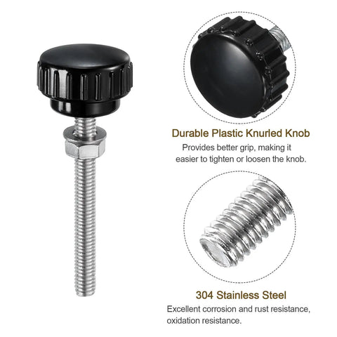 Close-up of Four Pack Knurled Knobs Thumb Screws With Nuts And Washers For Quick Grips Pro Grade M6 x 60mm, showing plastic head and steel stud.