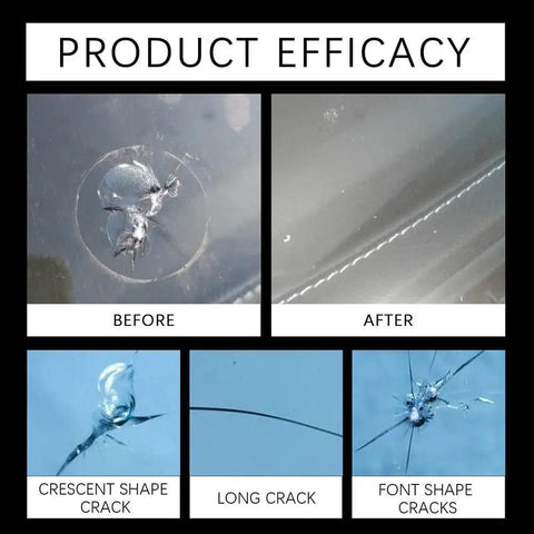 Before and after images of windshield crack repair using All-In-One Windshield Crack Repair Kit Upgrade 2026 Glass Repair Liquid.