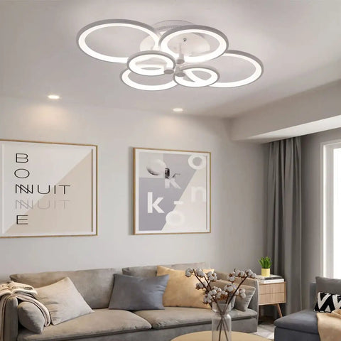 Living room with 72W LED Ceiling Light Fixture With Remote Control Six Heads Modern Acrylic Chandeliers Dimmable Flush Mount