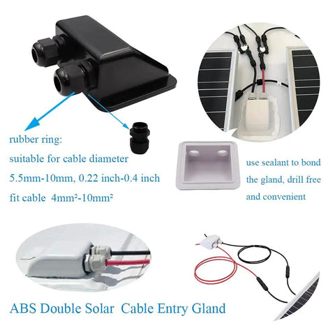 Drill Free Solar Panel Mounting Bracket Kit with ABS cable entry gland and rubber ring for RVs and boat decks installation.