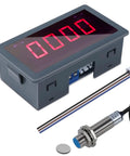 Digital Red LED Tachometer RPM Speed Meter for 110V 230V Motors with Hall Proximity Switch NPN Sensor, high precision readout.