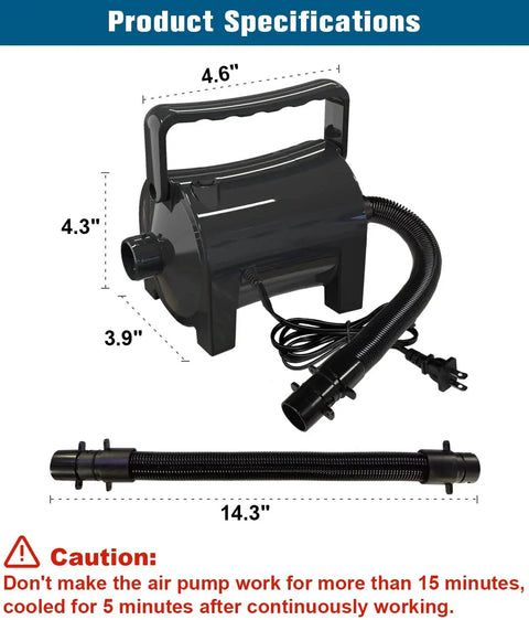 Dimensions of Portable Electric Air Pump 460W Quick Fill Inflator With Hose And Five Nozzles 120V AC 2.1 PSI 45 CFM Deflator