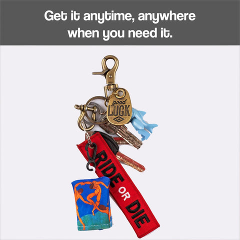 Keychain with several metal keys, a brass good LUCK tag, a red fabric strap, and a blue/orange fabric charm