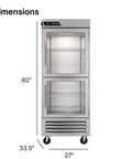 Kickass 23 Inch Commercial Reach In Refrigerator With Right Hinged Split Glass Doors Providing Twenty Point Five Cubic Feet Of Space For Kitchen Crews Staging Prep Batches And Backup Gear front view showing dimensions 82" height, 27" width, and 33.5" depth.