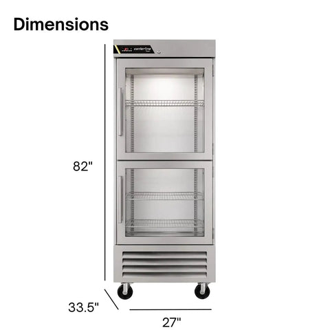 Kickass 23 Inch Commercial Reach In Refrigerator With Right Hinged Split Glass Doors Providing Twenty Point Five Cubic Feet Of Space For Kitchen Crews Staging Prep Batches And Backup Gear front view showing dimensions 82" height, 27" width, and 33.5" depth.