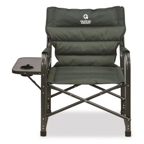 Front view of green XL Comfort Padded Director's Camp Chair with padded seat, cup holder, and sturdy steel frame for outdoor use.