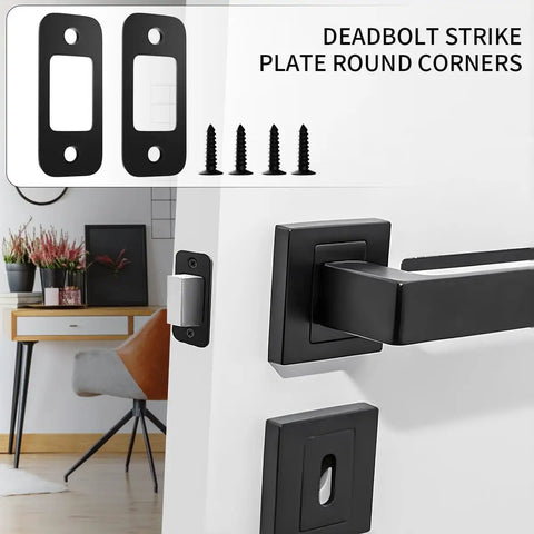 Two Pack Deadbolt Strike Plate With Backplate, 1 Inch By 2.25 Inch Round Corner Door Strike Plate In Matte Black on door