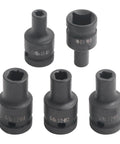 Pro Square Tap Socket Kit 5-Piece Set For M6 To M14 Re-Threading With Chrome Vanadium Steel, Black Phosphate Finish and Pneumatic Adapter For Tight Spots. five black phosphate sockets, Cr-Mo marked M6-M14