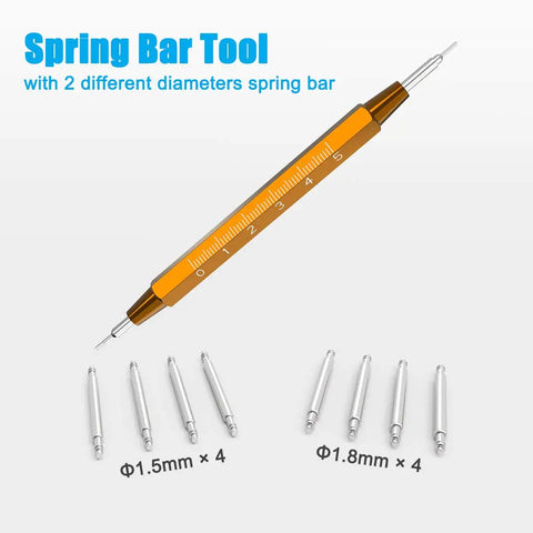 Pro Grade Watch Pin And Spring Bar Tool Set With Four Heavy Duty 1.8mm Spring Bars And Four Stainless Steel 1.5mm Pins