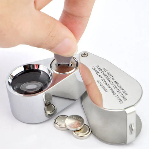 40X 25mm All Metal Jeweler Loupe With LED And UV Light For Currency Detection And Jewelry Inspection, Tough Pro Grade Handheld Magnifier With Push On Off Switch, Ideal For Counterfeit Checks, Coins, Gems, And Crafting
