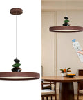 Mid Century Modern Pendant Light 15.8 Inch Wood Grain Finish Dimmable Led Island Lamp with remote in stylish dining setting.