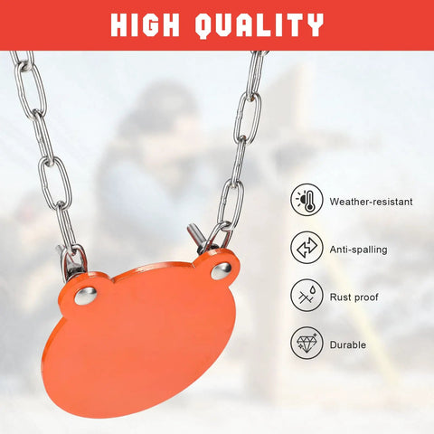 AR500 Steel Target With Gong Mounting Kit And Neon Color Hostage Target showing anti-spalling features and chains