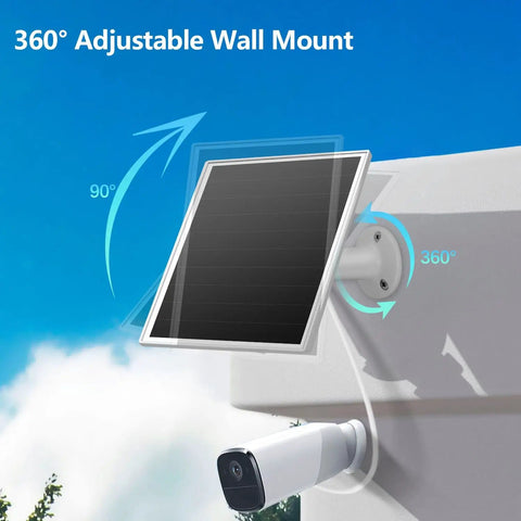 6W Outdoor Security Camera Solar Panel With Micro USB And USB C Port installed on wall with 360 degree adjustable mount