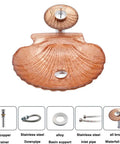 Artistic Bathroom Vessel Sink Shell Shaped Crystal Glass Wash Bowl Sink with faucet and pop-up drain, top view, detailing modern design.