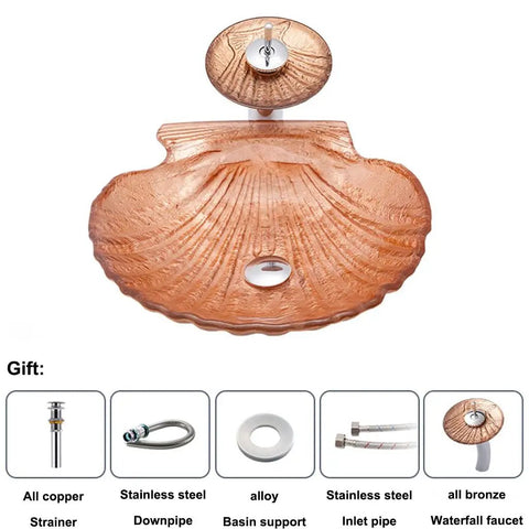 Artistic Bathroom Vessel Sink Shell Shaped Crystal Glass Wash Bowl Sink with faucet and pop-up drain, top view, detailing modern design.