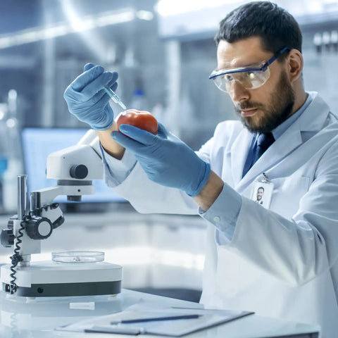 Scientist using 15 Pack 3ml 23 Gauge Plastic Syringe With Measurement in lab for precise handling with tomato and microscope.