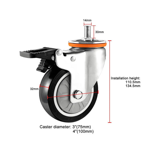 Heavy Duty Caster Wheels With Brakes For Furniture, Workbench And Cart, detailed measurements of swivel PU caster