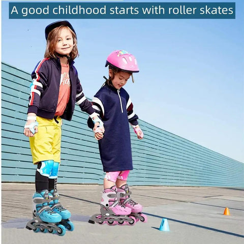 Kids wearing Kids Adjustable Hard Shell Inline Skates With Light Up Wheels For Boys And Girls Rad Youth And Beginners Easy One Push Size Adjust Inline Roller Blades Violet Large 4 7Y, holding hands on pavement.