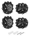 Four black MECCANIXITY Mecanum wheels with couplings for robot cars (97mm, ABS rubber)