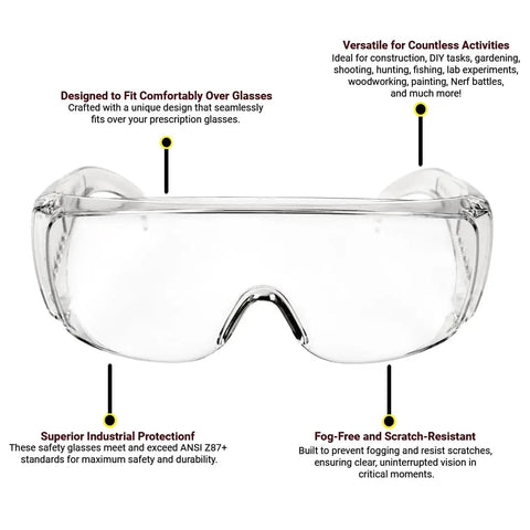 Front view of OTG Safety Glasses For Over Eyeglasses Pack Of 4 For Men And Women Anti Fog Dust Proof UV Protection ANSI Z87 1 Scratch Resistant