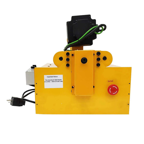 Pipe hole drilling machine, yellow body with black motor housing and red control knob