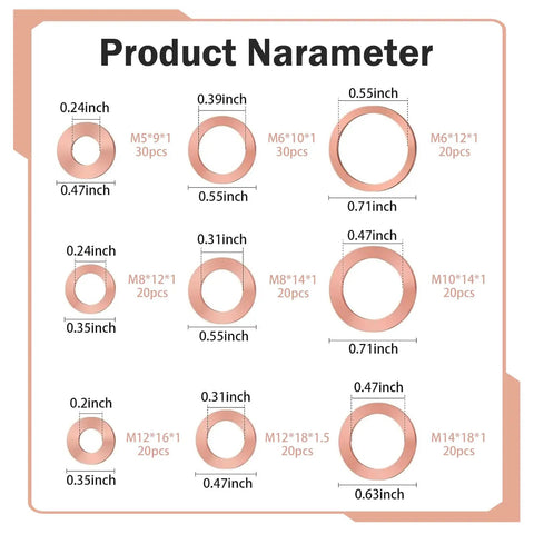 Size chart for Copper Crush Metric Washers Kit 200 Pcs Sealing Flat Ring Set For M5 M6 M8 M10 M12 M14 Drain Plug Replacement